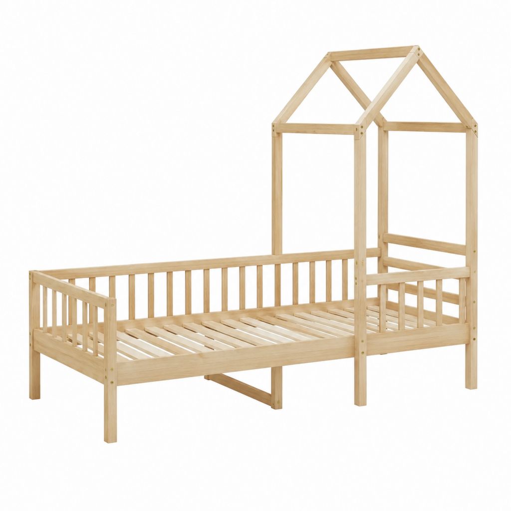Kinder Hausbett naturfarben Kiefer Massivholz Hausform 90 x 200 cm