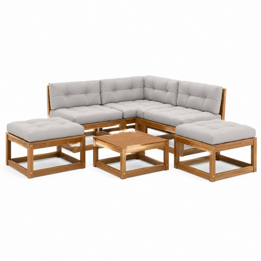 Gartenlounge-Set 7-teilig aus geöltem Akazien-Massivholz mit hellgrauen Polyesterpolstern in L-Form 276 × 138 × 60 cm