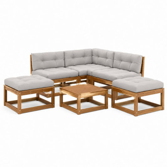 Gartenlounge-Set 7-teilig aus geöltem Akazien-Massivholz mit hellgrauen Polyesterpolstern in L-Form 276 × 138 × 60 cm