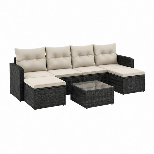 5-teiliges Gartenlounge-Set Schwarz Beige aus PE-Rattan mit Polsterauflagen und Glastisch 240 x 180 x 73 cm