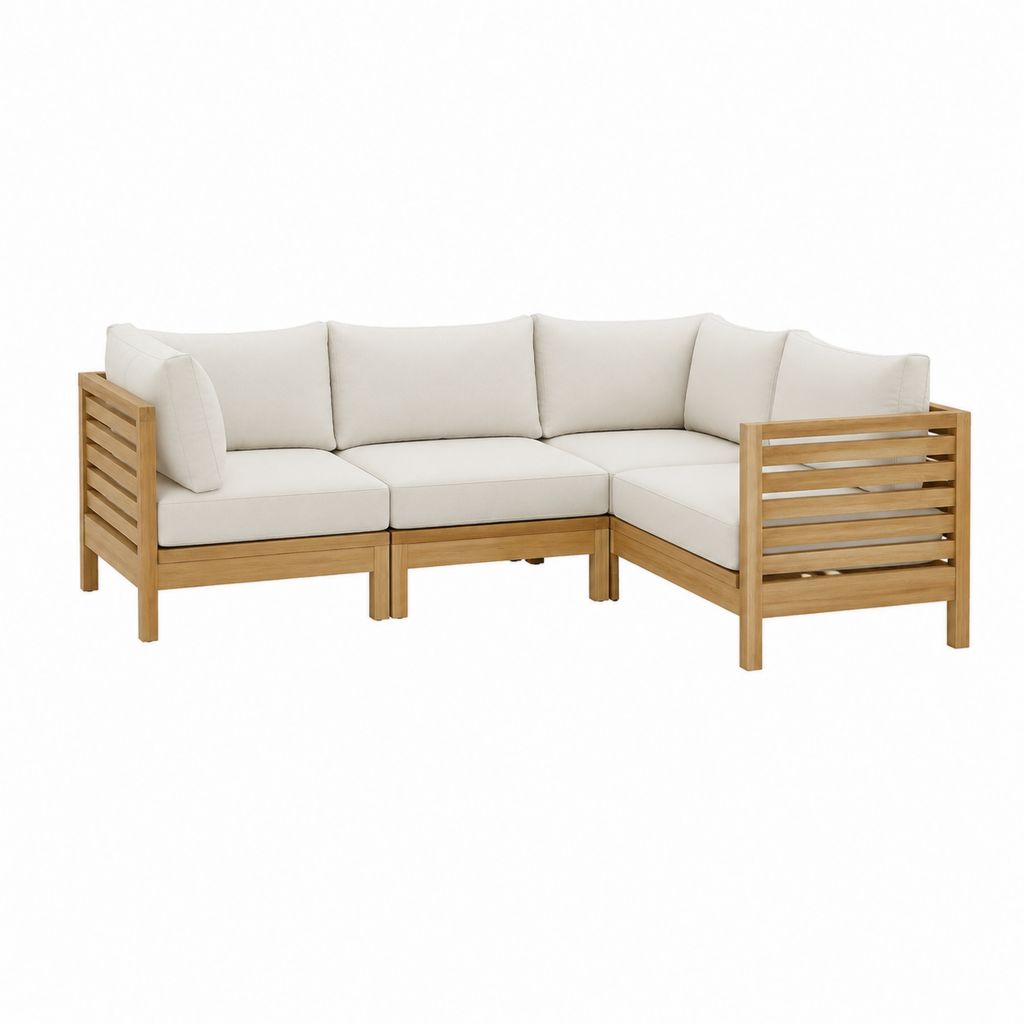 Gartensofa Ecksofa 3-teilig Natur Massivholz mit cremefarbenen Polyesterkissen 200 x 200 x 70 cm
