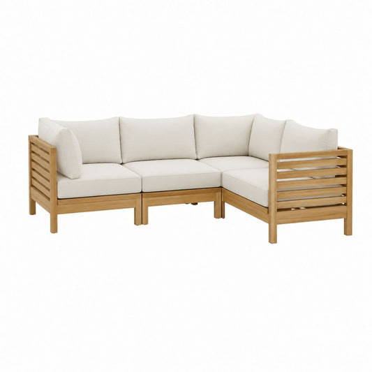 Gartensofa Ecksofa 3-teilig Natur Massivholz mit cremefarbenen Polyesterkissen 200 x 200 x 70 cm