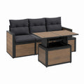 Gartensofa Set 3-Sitzer Schwarz Braun Aluminium WPC mit höhenverstellbarem Tisch 198 x 75 x 72 cm