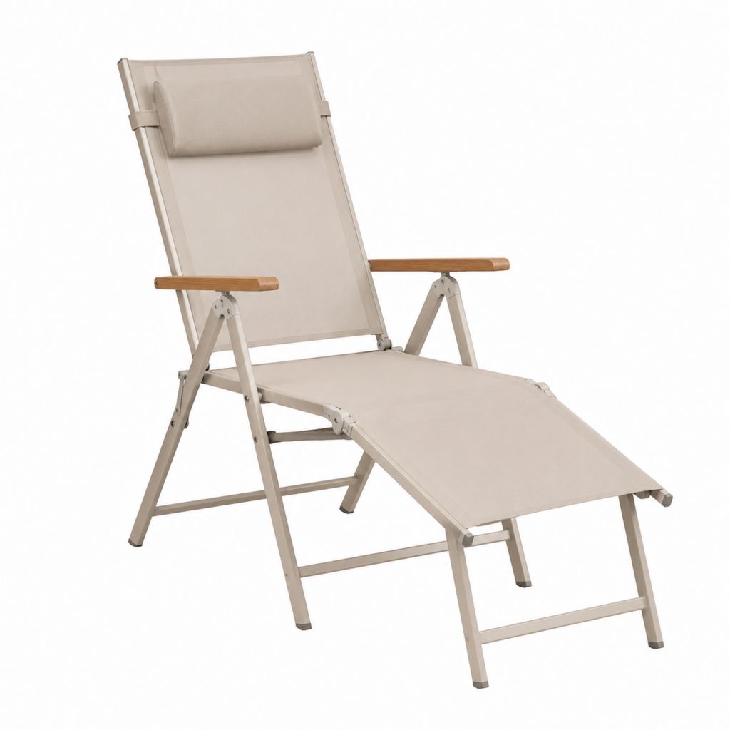 Klappbare Gartenliege Beige Aluminium Textilene mit Eukalyptus-Armlehnen 150 x 60 x 100 cm