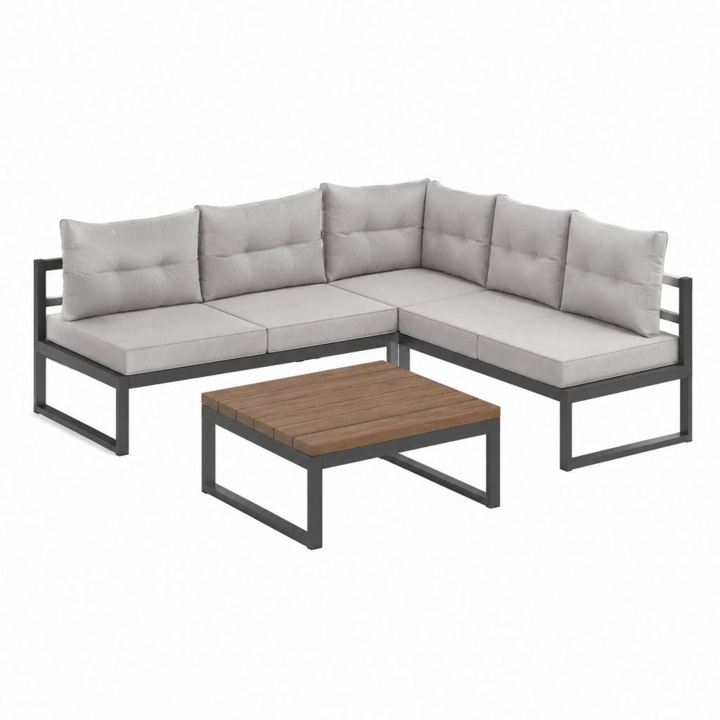 Gartenlounge Ecksofa Set in L-Form Grau Stahl Polyester 180 x 180 x 64 cm mit Couchtisch