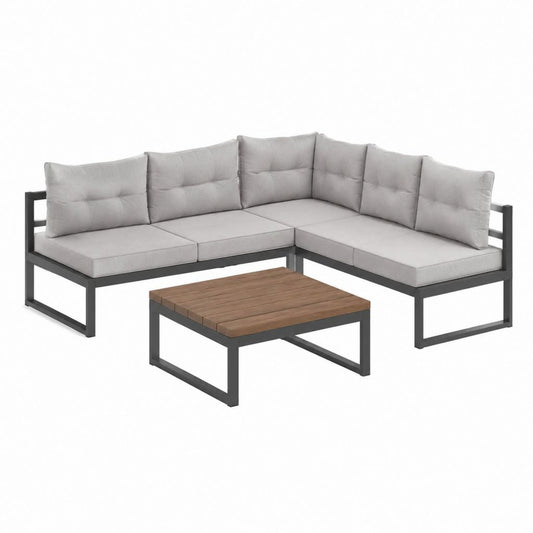 Gartenlounge Ecksofa Set in L-Form Grau Stahl Polyester 180 x 180 x 64 cm mit Couchtisch