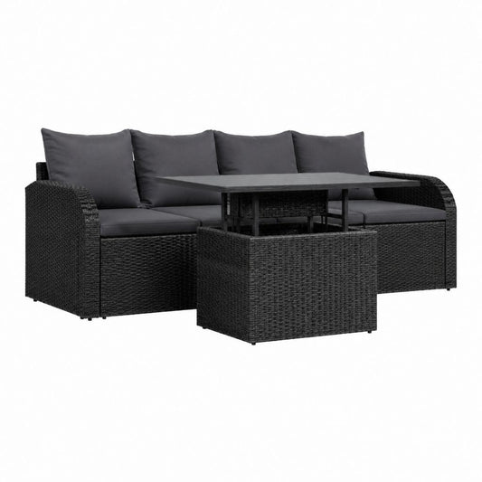 Gartensofa Set Schwarz aus PE-Rattan mit Hubtisch 220 x 75 x 70 cm