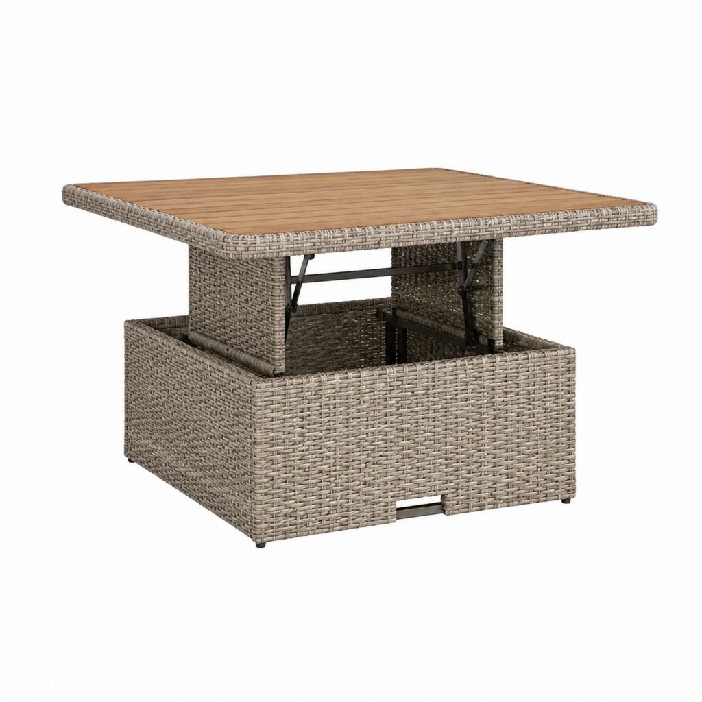Höhenverstellbarer Gartentisch Beige aus PE-Rattan und WPC 110 x 110 x 45-74 cm