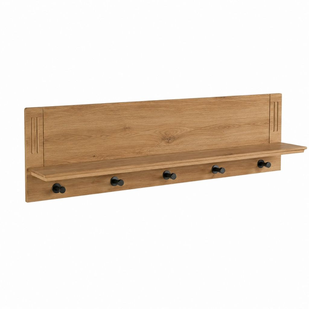 Wandgarderobe mit Ablage aus Eiche massiv Natur 100 x 32 x 24 cm mit 5 Haken