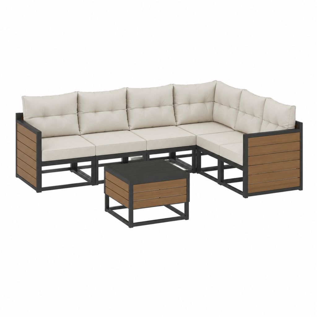 Gartenlounge Ecksofa 5-teilig Beige Stahl WPC L-Form 210 x 140 x 63 cm