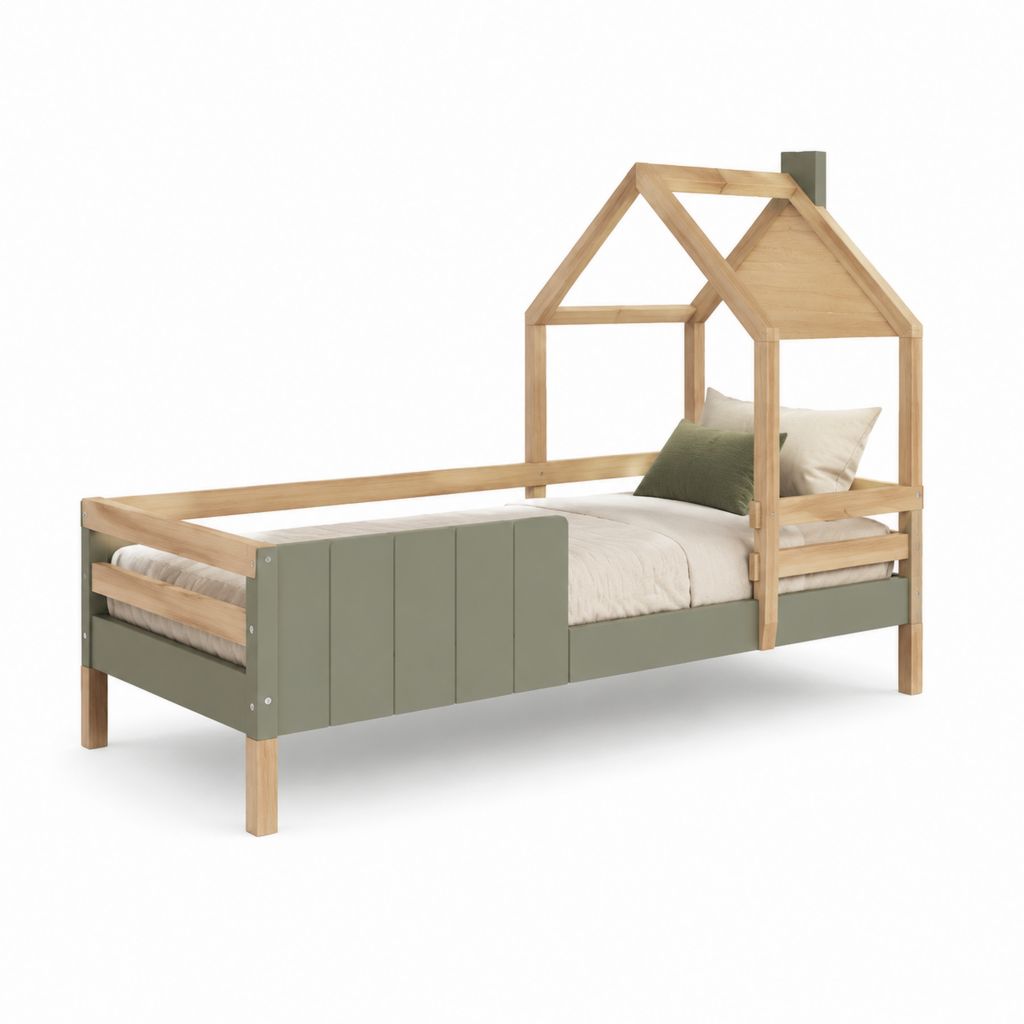 Kinder Hausbett Olivgrün Natur Kiefer Massivholz 90 x 200 cm