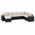 7-teiliges Polyrattan Gartensofa Set Schwarz Creme mit Ecksofa Hocker und Akazienholz Ablagen 320 x 250 x 85 cm