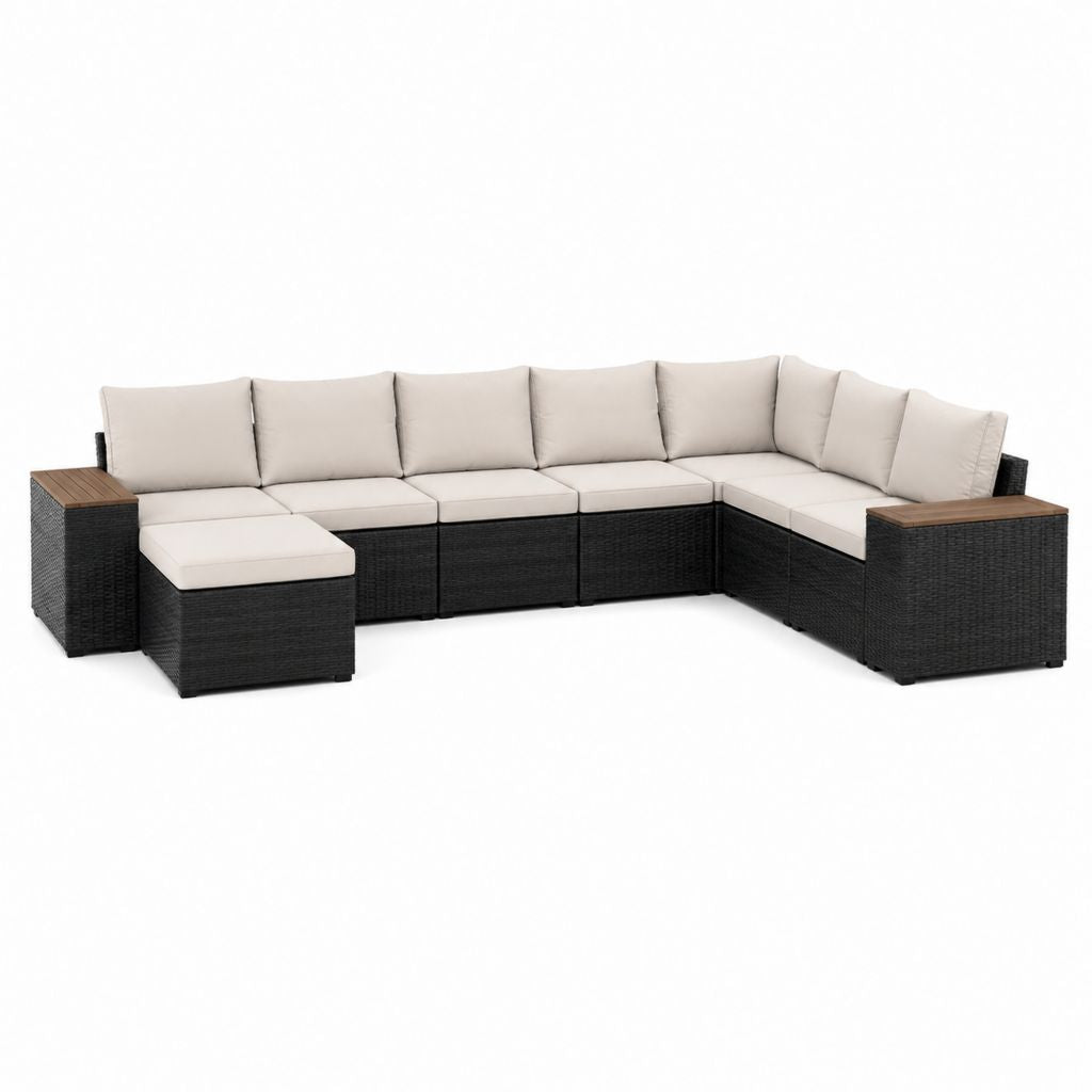 7-teiliges Polyrattan Gartensofa Set Schwarz Creme mit Ecksofa Hocker und Akazienholz Ablagen 320 x 250 x 85 cm