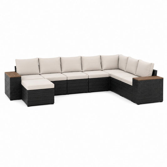 7-teiliges Polyrattan Gartensofa Set Schwarz Creme mit Ecksofa Hocker und Akazienholz Ablagen 320 x 250 x 85 cm
