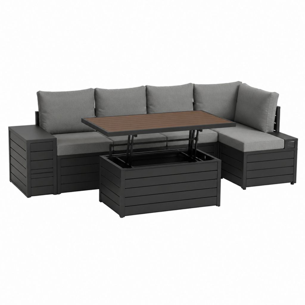 Gartenlounge Ecksofa Set Anthrazit Aluminium mit Hubtisch Stauraum 210 x 140 x 70 cm