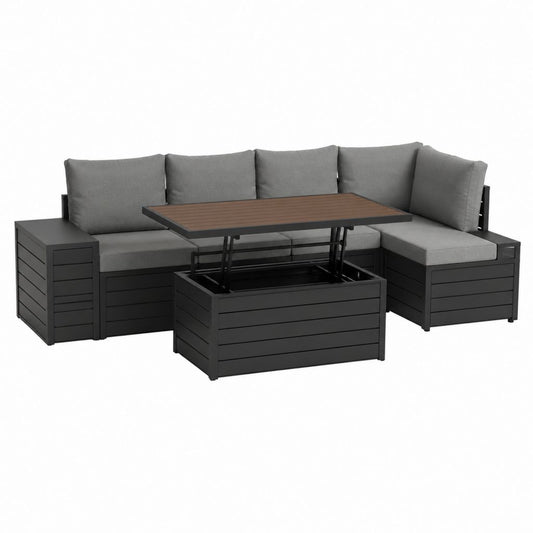 Gartenlounge Ecksofa Set Anthrazit Aluminium mit Hubtisch Stauraum 210 x 140 x 70 cm