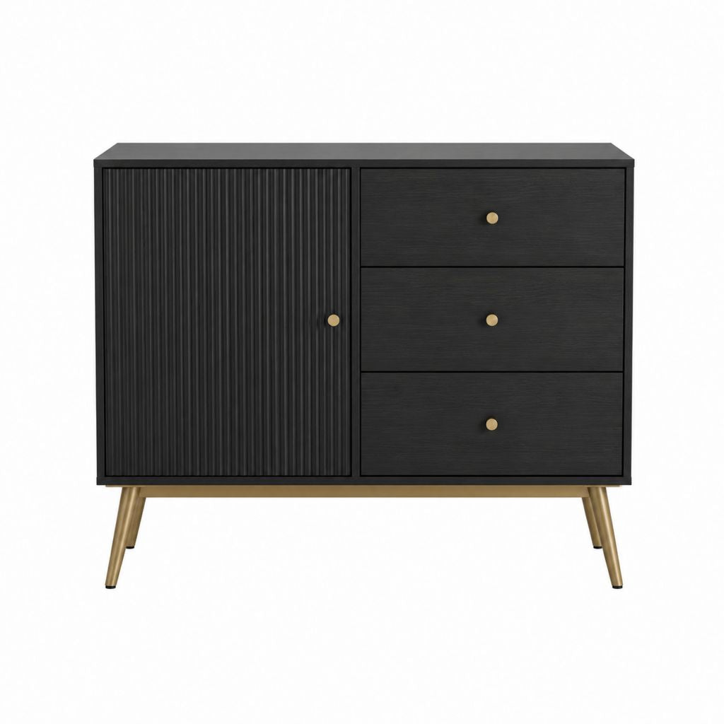 Schwarze MDF Kommode rechteckig 120 x 40 x 80 cm mit 3 Schubladen und 1 Tür
