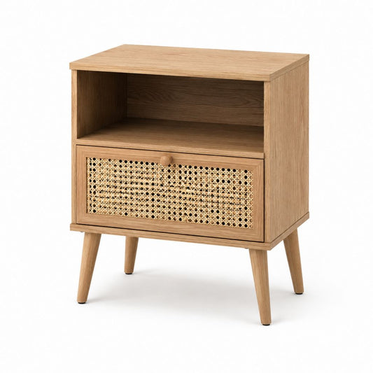 Nachttisch hellbraun aus MDF mit Eichenfurnier und Rattan rechteckig 45 x 35 x 60 cm