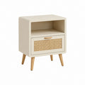 Nachttisch mit Schublade und offenem Fach Creme MDF Rattan rechteckig 40 x 40 x 55 cm